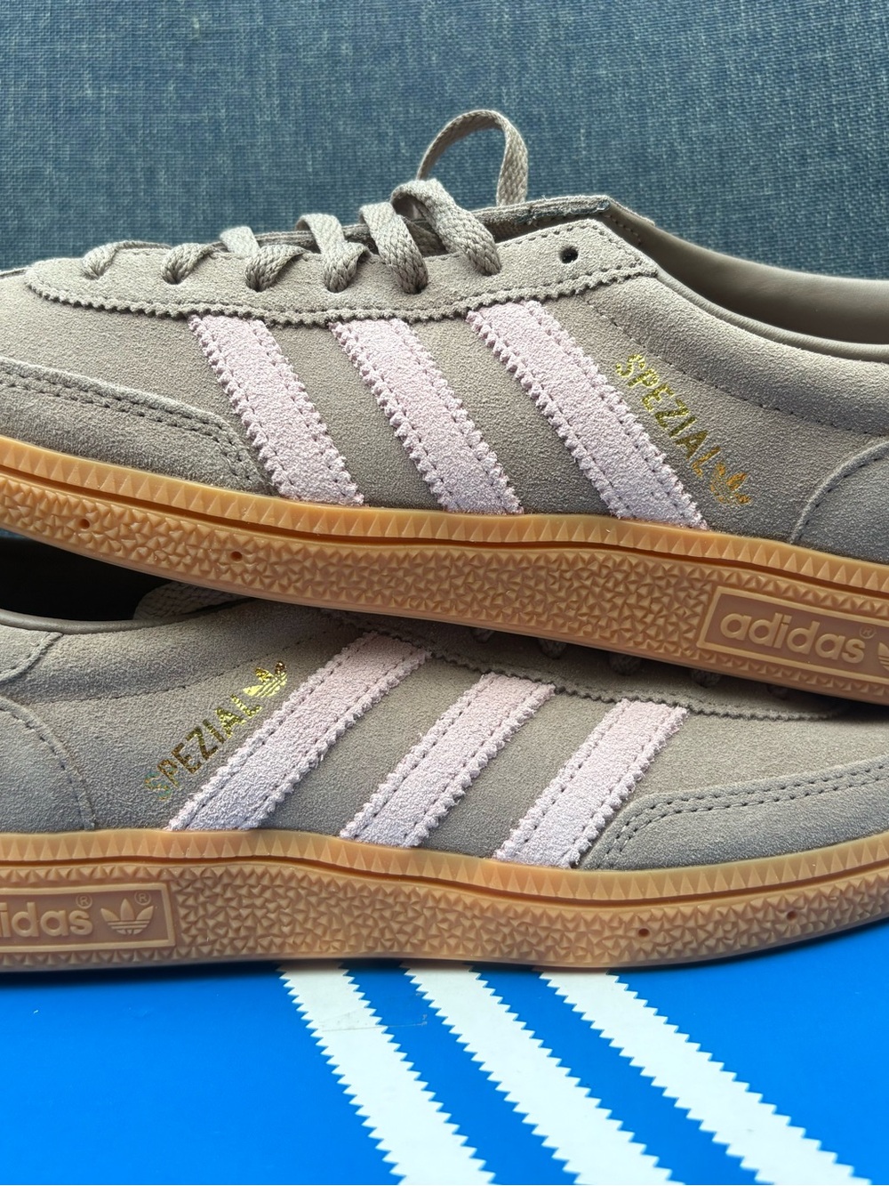 adidas Spezial Suede Sneakers in Taupe with Pale Pink Stripes